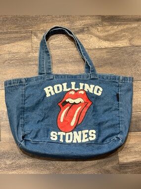 Zara Rolling Stones Blue Denim Tote with Red Tongue